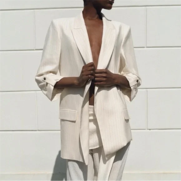 Zara Linen Blend Lightweight Open Front Blazer in Cream Pinstripe Sz Medium - Picture 1 of 16